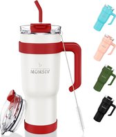 Tasse isotherme avec paille et anse, 1100 ml, micro-ondes, lavable, tasse à café, double paroi, inox, sous vide, étanche, avec couvercle, pour boissons chaudes froides, blanc