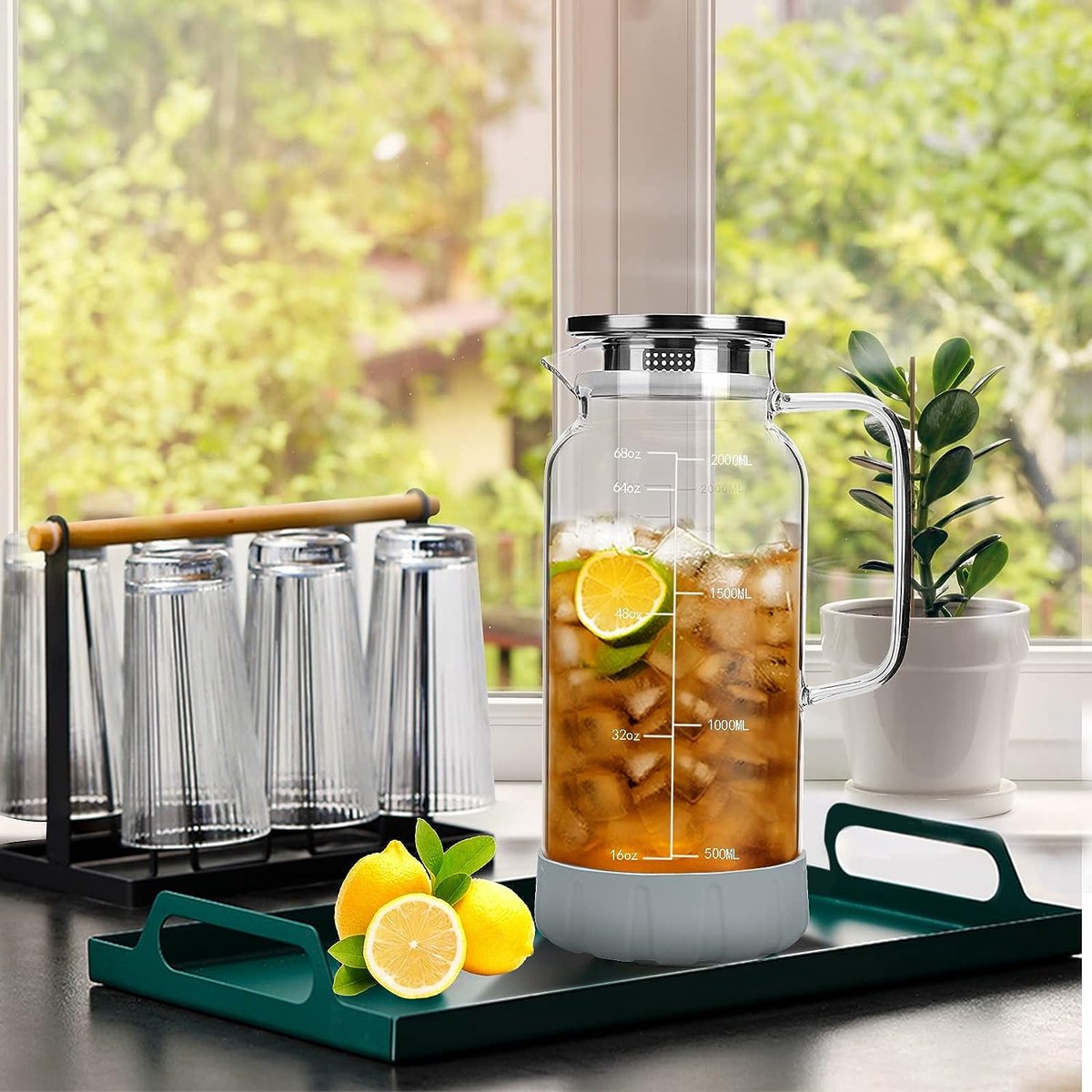 Carafe En Verre De 2 Litres Avec Couvercle Et Bec Verseur – Pour Eau, Thé Glacé, Jus, Lait – Pichet étanche Et Lavable Au Lave-vaisselle