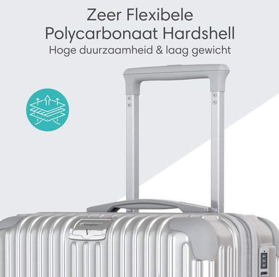 Gedetailleerde close-up van de zilveren koffer met stevige handgreep en polycarbonaat hardshell.