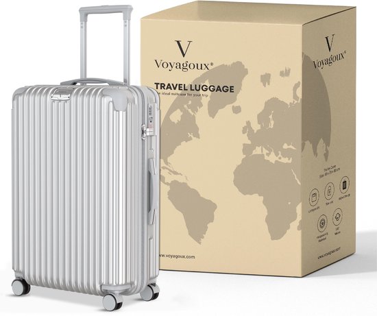 Zilveren Voyagoux reiskoffer met gesloten handvat, naast een doos met wereldkaart.