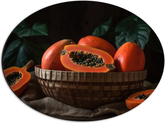 Dibond Ovaal - Papaja - Fruit - Oranje - Pitten - Mandje - Kleuren - 56x42 cm Foto op Ovaal (Met Ophangsysteem)