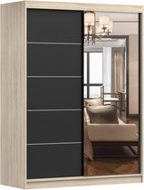 Zweefdeurkast Kledingkast met Spiegel,decoratieve afwerking aan de voorkant, Garderobekast met planken en kledingstang: 150x200x61 cm - Beni 05 Dark (Sonoma + Zwart, 150)