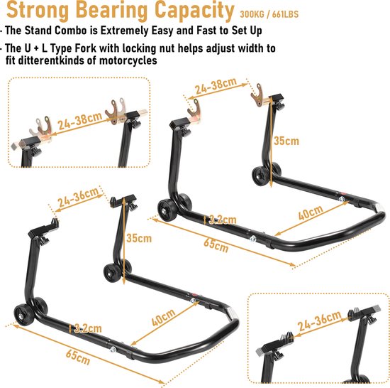 LZQ Motorwip, motorfiets, oplaadhulp, rail, voorwielklem, wielwip, motorfiets, fietsklem, motorstandaard (2 stuks