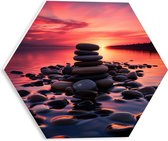 PVC Schuimplaat Hexagon - Meer - Stenen - Bomen - Zonsondergang - 30x26.1 cm Foto op Hexagon (Met Ophangsysteem)