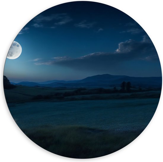 Dibond Muurcirkel - Maan - Bergen - Gras - Nacht - Bomen - Wolken - 120x120 cm Foto op Aluminium Muurcirkel (met ophangsysteem)