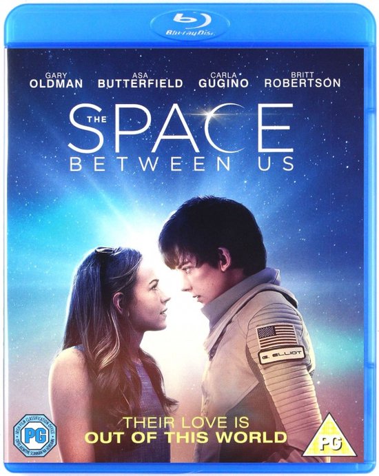 Voorkant van de Blu-ray disc hoes van The Space Between Us, met een poster met twee tieners die naar elkaar kijken.