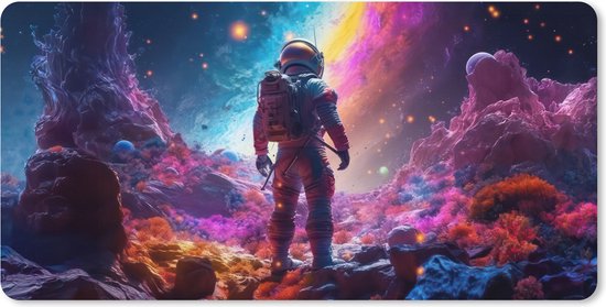 Muismat XXL 100x50 cm - Bureau onderlegger - Bureau mat Ruimte - Astronaut - Neon - Sterren - Bureaumat - Gaming mousepad xl - Bureaulegger groot - Computer deskmat - Geschikt voor Gaming Muis en Gaming PC set-up