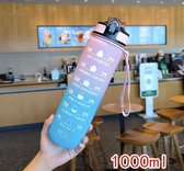 BodyLuxx - Motivatie Waterfles Roze/Blauw - 1 Liter Drinkfles - Waterfles met Rietje - Waterfles met tijdmarkering - BPA Vrij - Volwassenen - Drinkfles Kinderen
