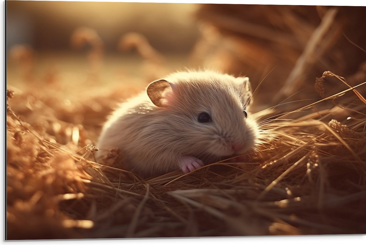 Dibond - Hamster - Baby - Stro - Grijs - 75x50 cm Foto op Aluminium (Wanddecoratie van metaal)