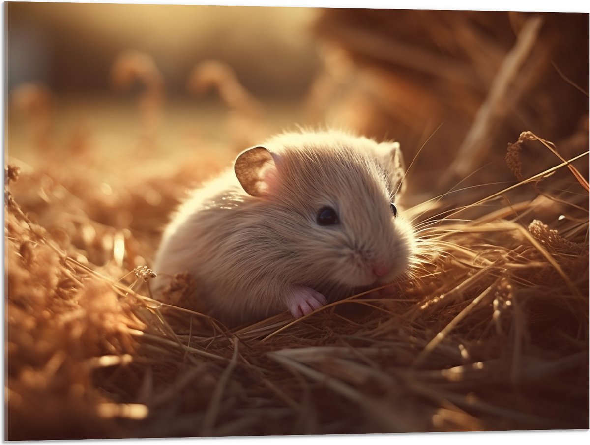 Acrylglas - Hamster - Baby - Stro - Grijs - 80x60 cm Foto op Acrylglas (Wanddecoratie op Acrylaat)