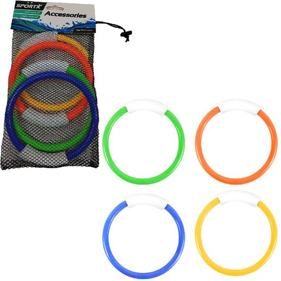 Een set van vier duikringen (groen, oranje, blauw, geel) uit een netzak, plus drie losse ringen.