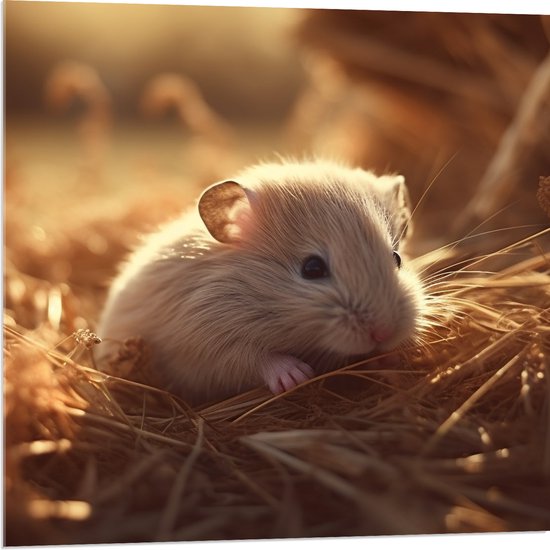 Acrylglas - Hamster - Baby - Stro - Grijs - 80x80 cm Foto op Acrylglas (Met Ophangsysteem)