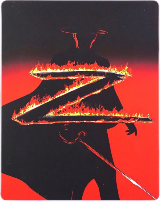 Zorro's silhouet met een brandende "Z" op zijn mantel tegen een rode achtergrond.