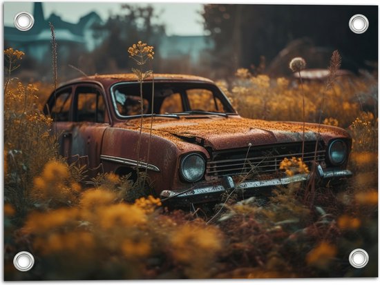 Tuinposter – Auto - Bloemen - Planten - Natuur - 40x30 cm Foto op Tuinposter (wanddecoratie voor buiten en binnen)