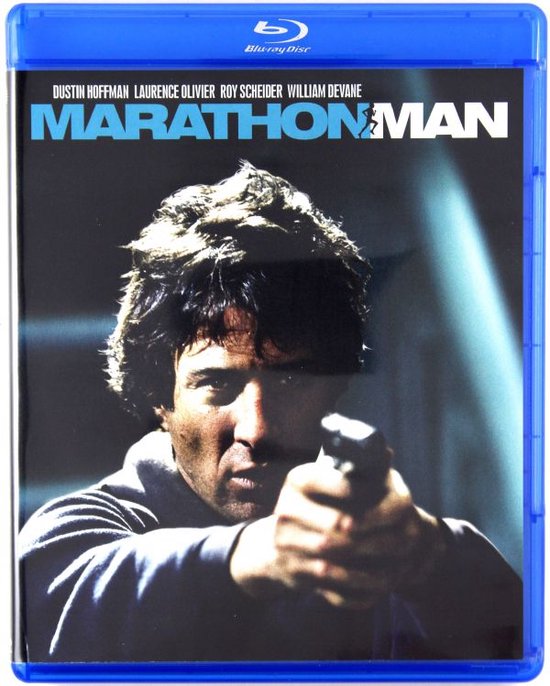 Blu-ray hoes van Marathon Man met Dustin Hoffman die een pistool vasthoudt.