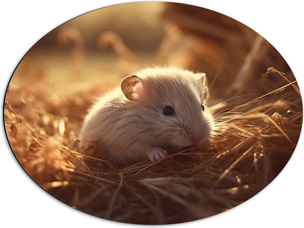 Dibond Ovaal - Hamster - Baby - Stro - Grijs - 68x51 cm Foto op Ovaal (Met Ophangsysteem)