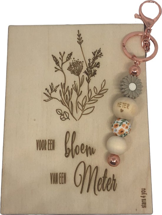 Sleutelhanger en houten kaartje liefste Meter | BEIGE | bloem | jij bent de liefste | liefste meter | moolste peter | cadeau