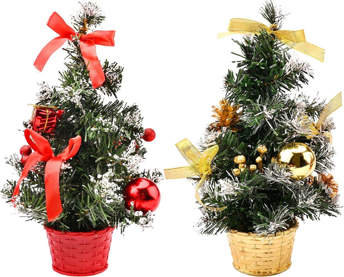 2 stuks mini-kerstboom, 30 cm kleine tafel, kerstboom met kerstballen, strikknoppen en dennenappels, kunsttafel kerstboom voor school, thuis, kantoordecoratie (rood & goud)