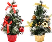 Mini sapin de Noël 2 pièces, petite table de 30 cm, sapin de Noël avec boules, nœuds papillon et pommes de pin, sapin de Noël artificiel pour école, maison, décoration de bureau (rouge et or)