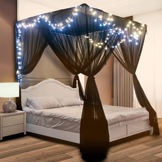 Zwarte hemelbedgordijnen met 4 hoekpalen voor volwassenen, muggennet voor bed, luxe bedgordijnen voor slaapkamerdecoratie, 4 openingen, scheurvast polyester, eenvoudig te installeren
