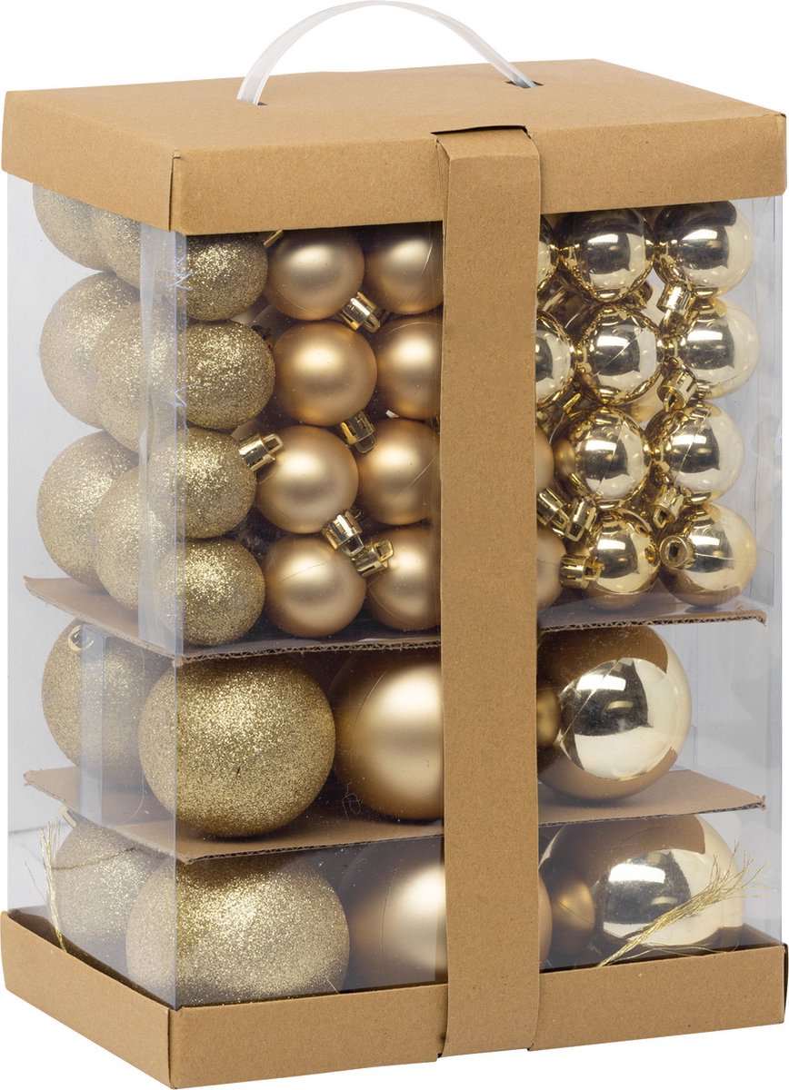 Feeric Kerstballen - 60x st - 4, 6, 7 en 8 cm - goud - kunststof - kerstballenpakket