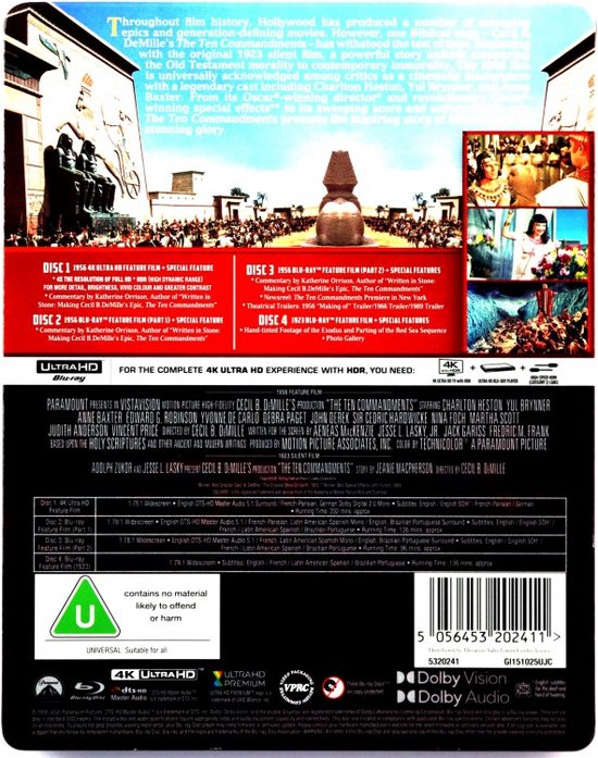 Achterkant van The Ten Commandments 4K UHD Blu-ray hoes. Toont details van de discs, synopsis, cast en productinformatie.
