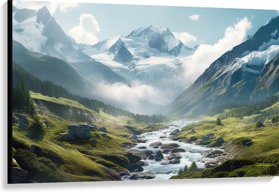 Canvas - Rivier - Water - Stenen - Landschap - Bergen - Sneeuw - Wolken - 120x80 cm Foto op Canvas Schilderij (Wanddecoratie op Canvas)