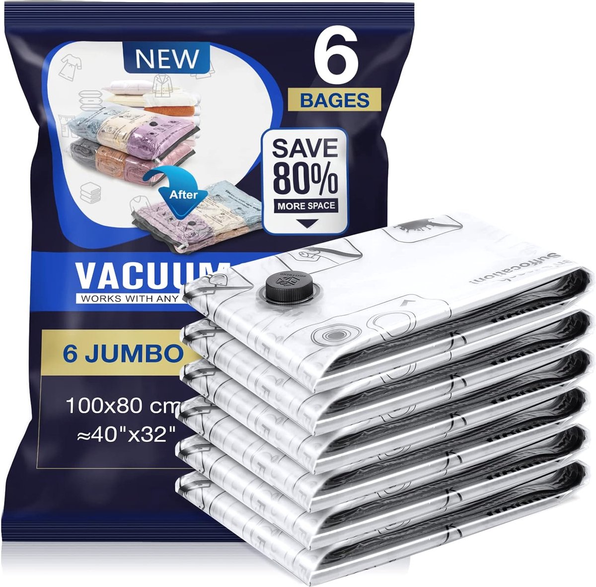 Vacuümzakken voor kleding, 6 stuks, 100 x 80 cm, herbruikbare vacuümzakken voor kleding, geschikt voor alle gangbare stofzuigers