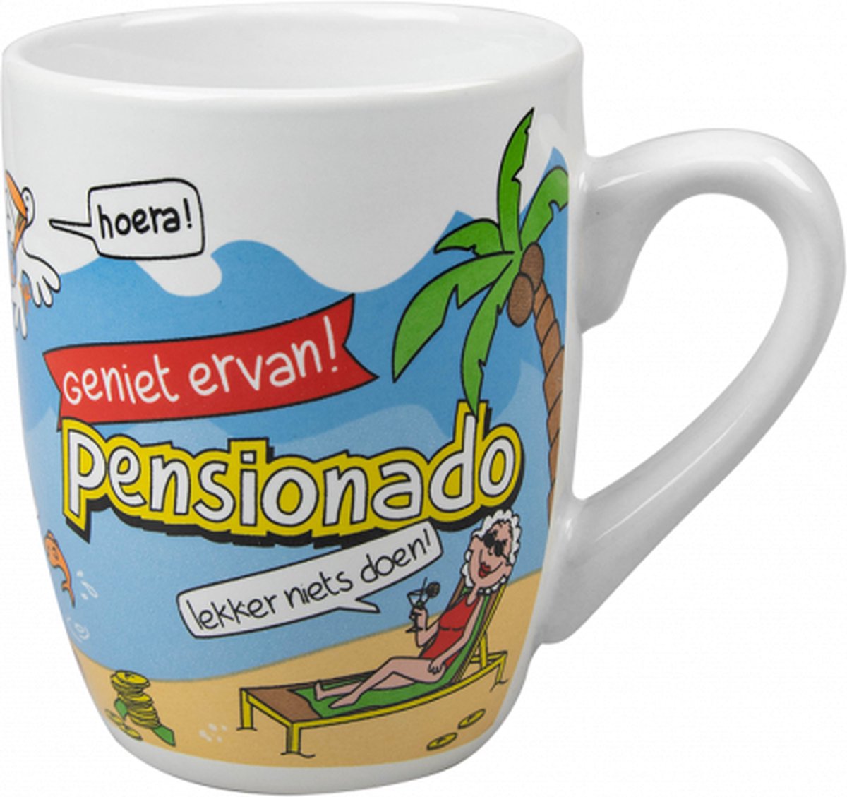 Pensioen - Mok - Toffeemix - Pensionado - Cartoon - Met zijden lint met de tekst: "Speciaal voor jou" - In cadeauverpakking met gekleurd krullint