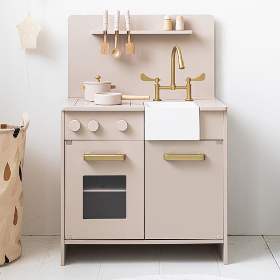 Speelkeuken Hout Zacht Roze - Kinderkeuken incl. 7 Speelgoed Keukenaccessoires - Met Gouden Details voor een Vleugje Luxe - Sprookjesachtig, Toverachtig & Vol Fantasie