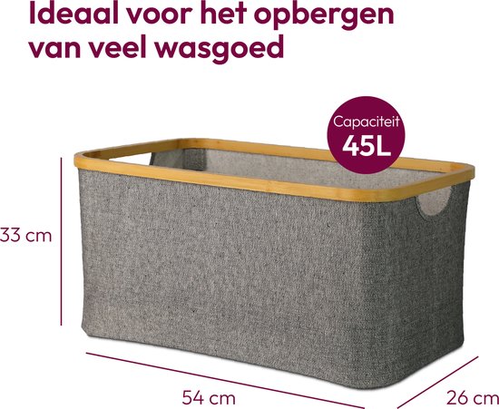 Grijze stoffen wasmand met bamboe rand, 45L, 54x26x33 cm.