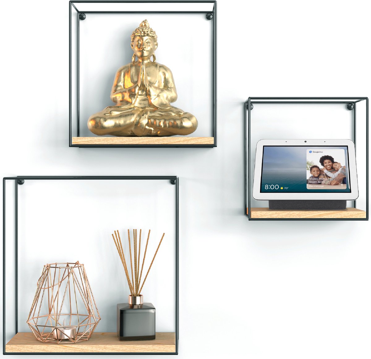 Gadgy Wandrekken Industrieel - Set van 3 - Vierkant Wandrek Zwart - Wanddecoratie Woonkamer - Muurdecoratie Hout - Wandplank zwevend voor Slaapkamer - 32, 27 en 22 cm