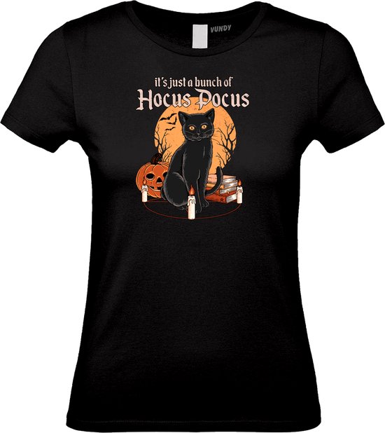 Dames T-shirt Hocus Pocus met kat | Halloween Kostuum Volwassenen | Horror Shirt | Gothic Shirt | Zwart dames | maat S