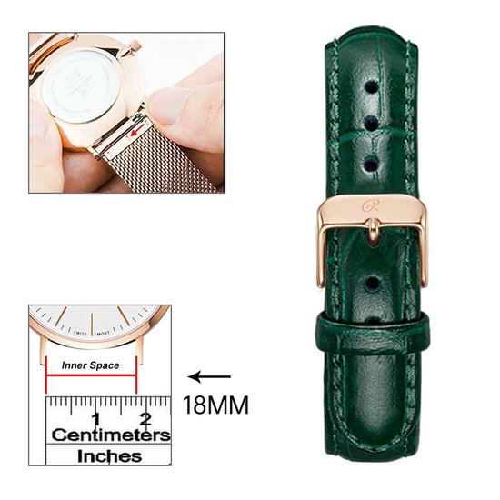 Bracelet cuir 18mm Vert foncé/or rose S02.1852DGRG Cuir vert foncé