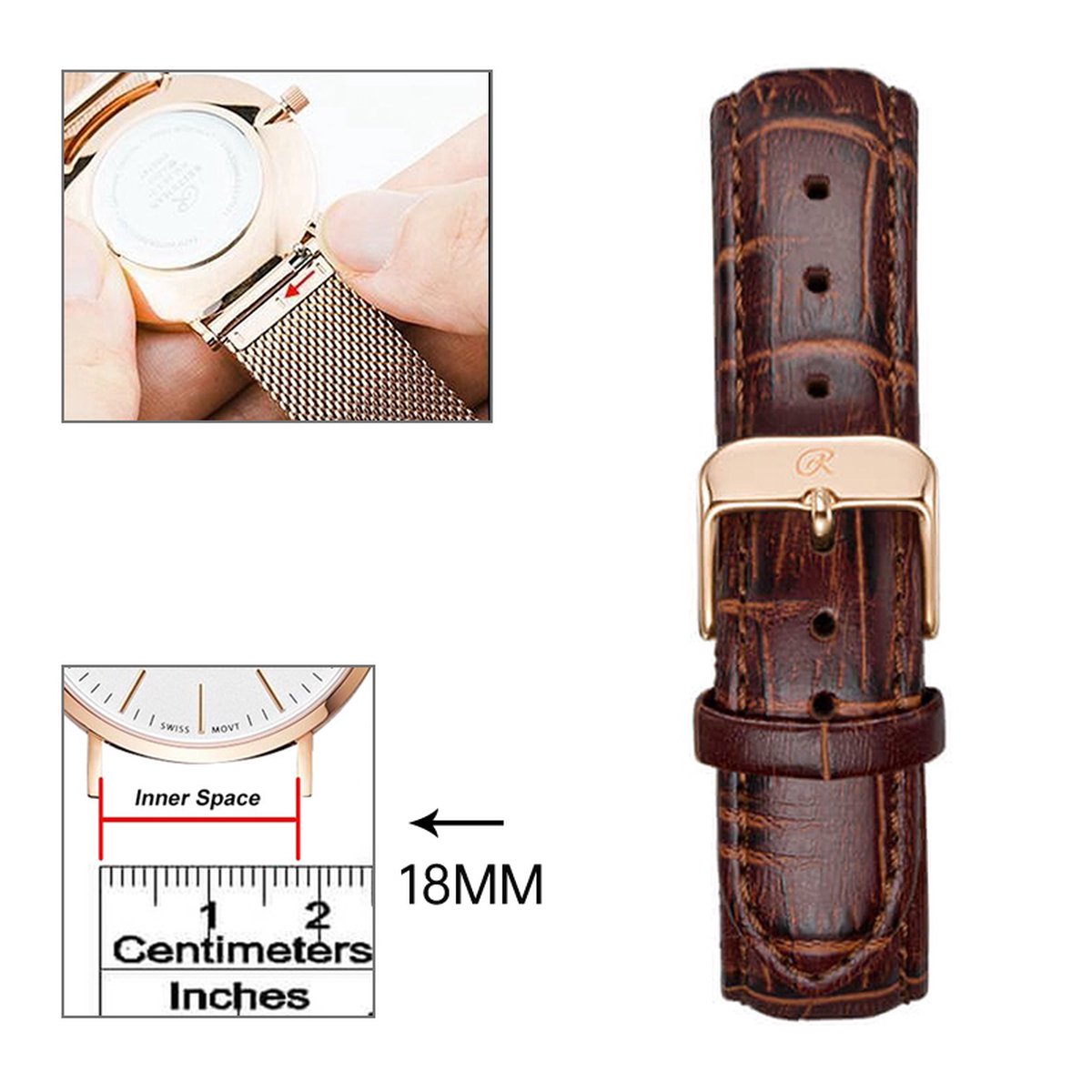 18mm Universele leren armband-leather strap in donkerbruin met roségouden accenten - Quick Release - Past op Alle Merken met 18mm Aanzetmaat