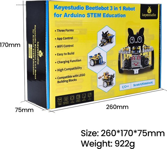 De verpakking van de Keyestudio Beetlebot 3 in 1 Robot voor Arduino STEM Education, met afmetingen 260x170x75mm en een gewicht van 922g.