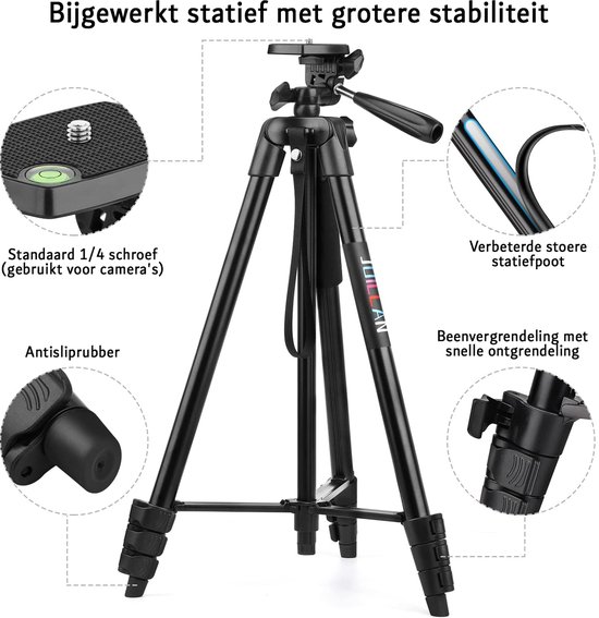 172 Cm Lichtgewicht Camerastatief - Aluminium, 3-weg Panoramakop, Inklapbaar Tot 44,5 Cm, Met Telefoonhouder, Draagvermogen 2 Kg, Voor DSLR En Smartphone, Zwart