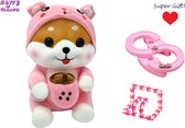 Happy Trendz® Kawaii Knuffel Set + 2 fidgets toys - super cadeau set - wacky track roze - 88 track fidget roze - pink pakket - cadeau - feestdagen - jong en oud - anti stress toy - shiba inu 25 cm groot met milk cup kleur roze