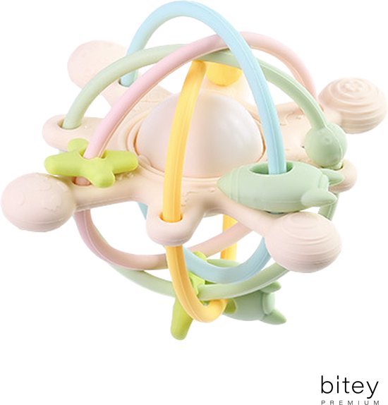Bitey - Rammelaar - Bijtring Baby - Montessori Speelgoed - BPA-vrij - Grijp- en Bijtspeelgoed - Kraamcadeau - Babyshower Cadeau - Baby Speelgoed - Spelen en ontdekken - vanaf 3 maanden - Springtime Sorbet