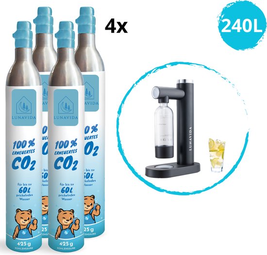 LunaVida CO 2 cilinder - 4 stuks - 60L - geschikt voor LunaVida's SodaMaker - Compatible met diverse Europese merken
