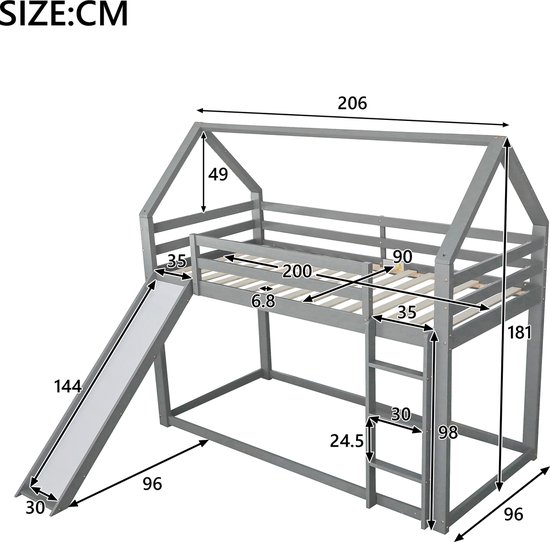 Lit Superposé Enfant Mezzanine Avec Toboggan - 90x200 Cm, Structure Métal, Noir, Sans Matelas - 10