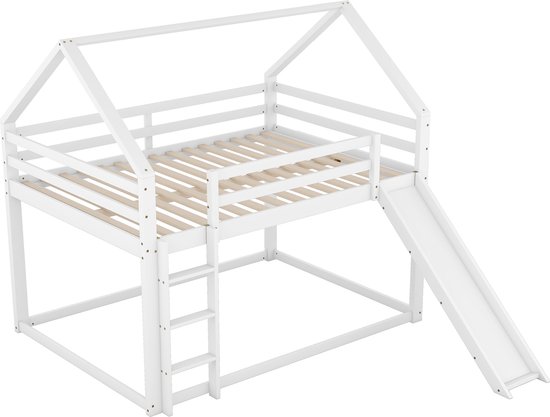 Merax Stapelbed 140 x 200 cm - Hoogslaper Met Glijbaan en Ladder - Bed voor Kinderen - Wit