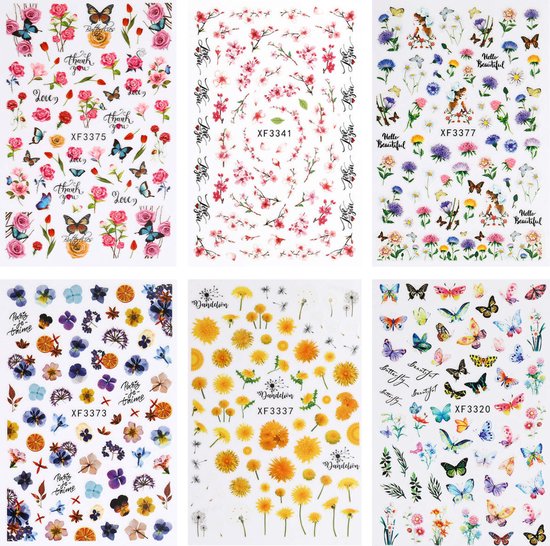 Nagelstickers - 6 vellen - Nageldecoratie - Nail art - Nagel Stickers Velletjes - Zelfklevend - Flinterdun - 6 Designs - Bloemen - Vlinders - Leonurus