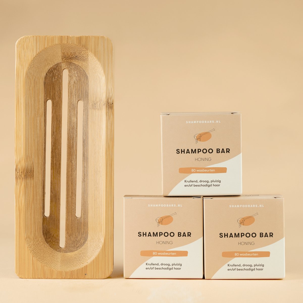 3x Shampoo Bar Honing + Bamboe plank bundel | Handgemaakt in Nederland | CG-proof | Gemaakt van duurzaam bamboe | 100% biologisch afbreekbare verpakking