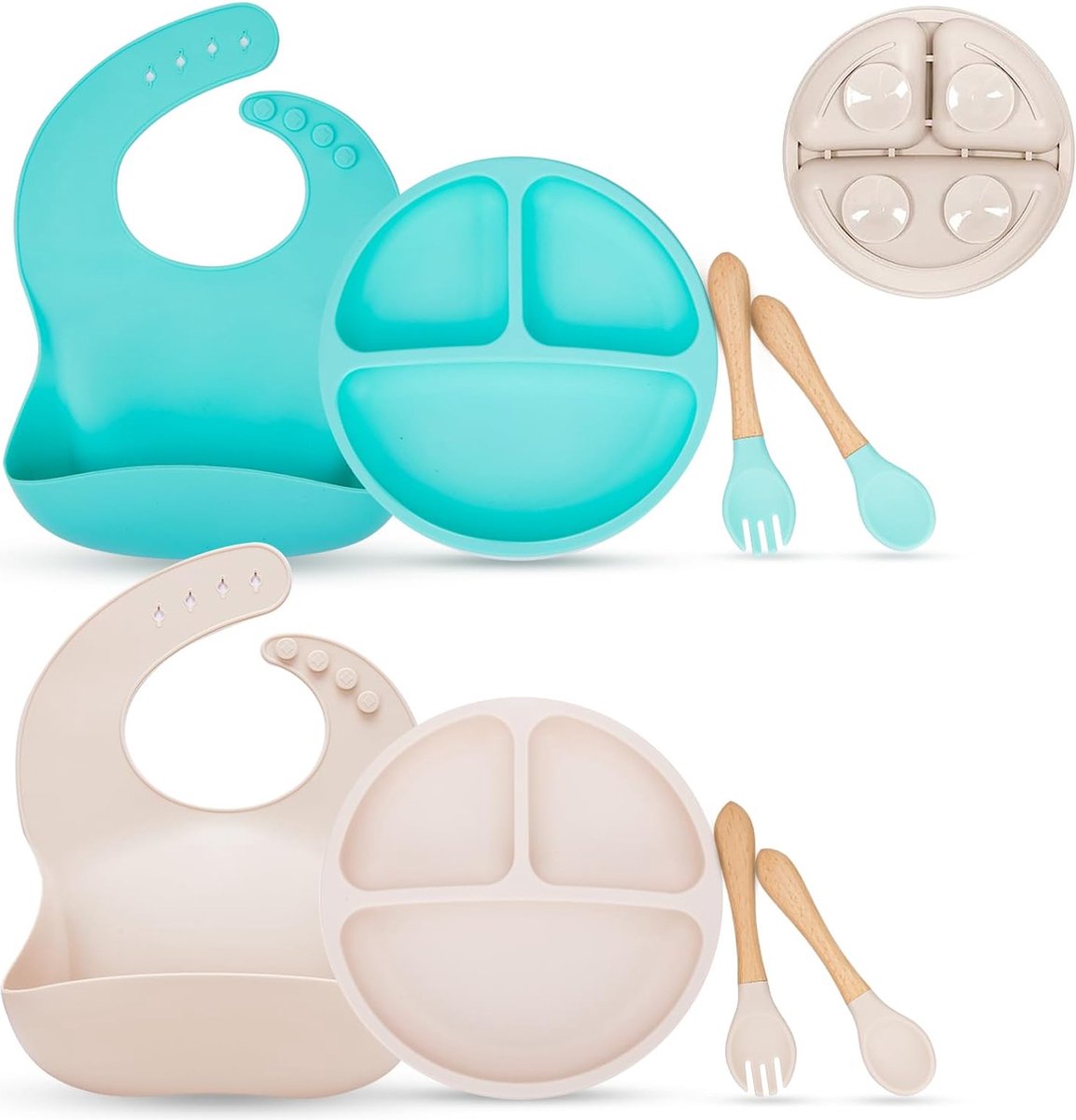 Goedkoopste Babyserviesset Siliconen Kinderservies | 2 kinderbabyborden met zuignap en 2 verstelbare kinderslab met 2 babylepels | Het spenen van baby's levert zelfvoeding op