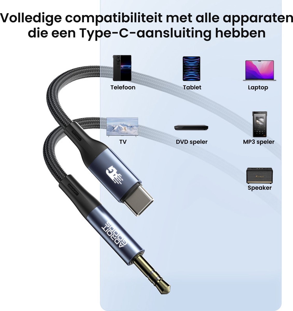 USB-C naar 3,5 mm AUX kabel 50 cm gevlochten audio kabel voor smartphone, tablet, auto, laptop - Afbeelding 2
