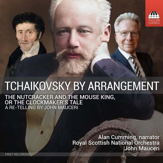 CD-hoes met een close-up van Tchaikovsky en twee portretten op de achtergrond. Titel: Tchaikovsky by Arrangement.