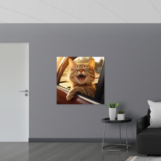 Poster Glanzend – Dier - Kat - Auto - Lachen - Tanden - 100x100 cm Foto op Posterpapier met Glanzende Afwerking