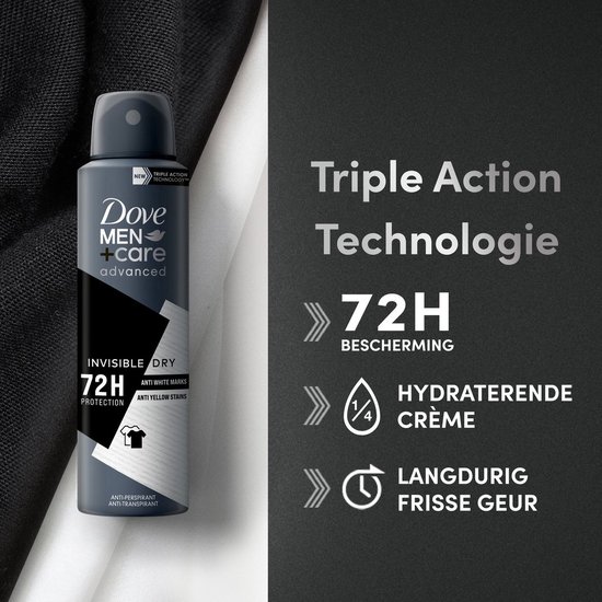 Dove Men+Care Advanced Invisible Dry deodorant met 72 uur bescherming tegen witte strepen en gele vlekken.