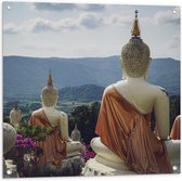 Tuinposter – Buddhas - Bloemen - Bergen - Bomen - 80x80 cm Foto op Tuinposter (wanddecoratie voor buiten en binnen)